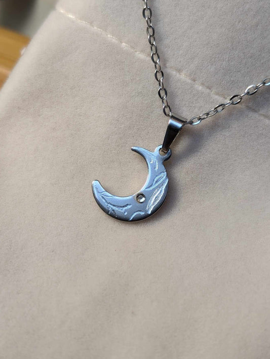Hand Engraved Floral Moon Pendant Silver Necklace