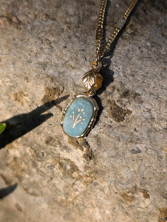 Hand Engraved Floral Gold & Green Necklace