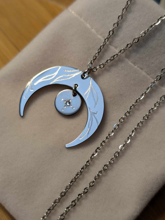 Hand Engraved Floral Moon Silver Necklace