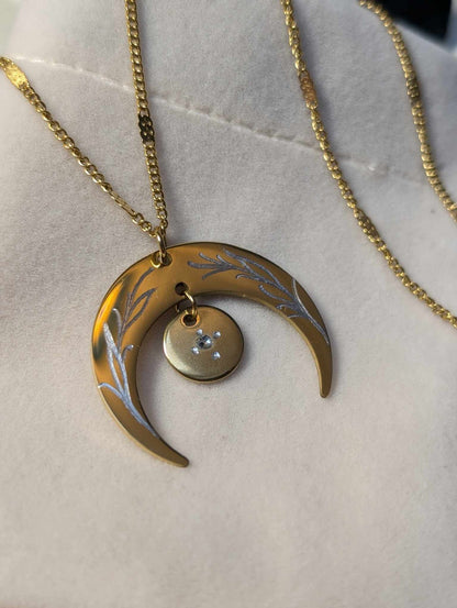 Hand Engraved Floral Moon Pendant Gold Necklace
