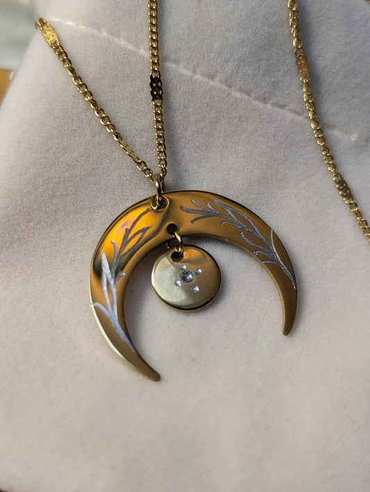 Hand Engraved Floral Moon Pendant Gold Necklace