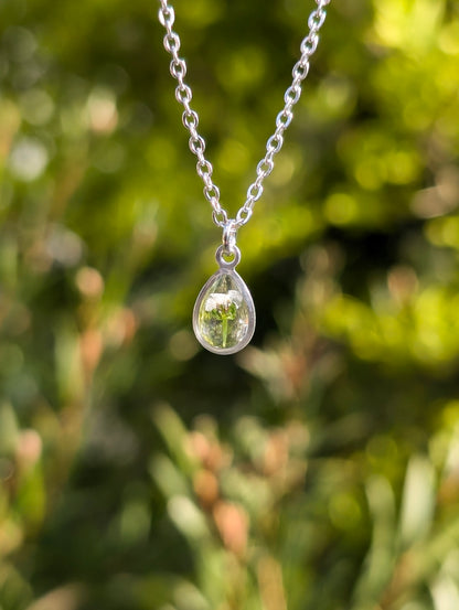 Delicate White Teardrop Real Flower Silver Necklace