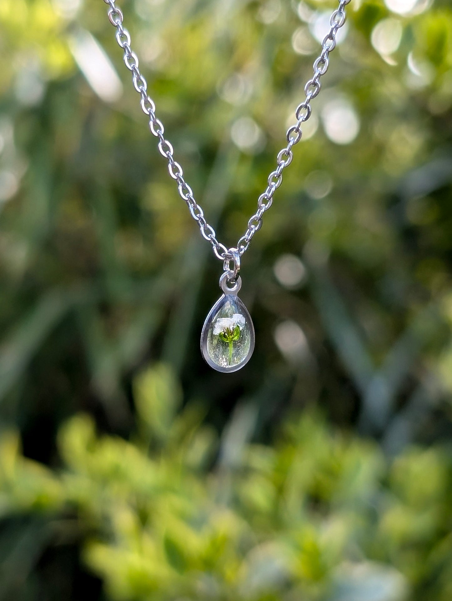 Delicate White Teardrop Real Flower Silver Necklace