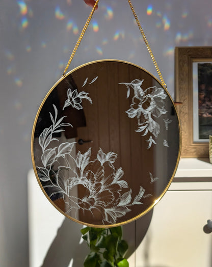 Hand Engraved Floral Round Gold Mirror