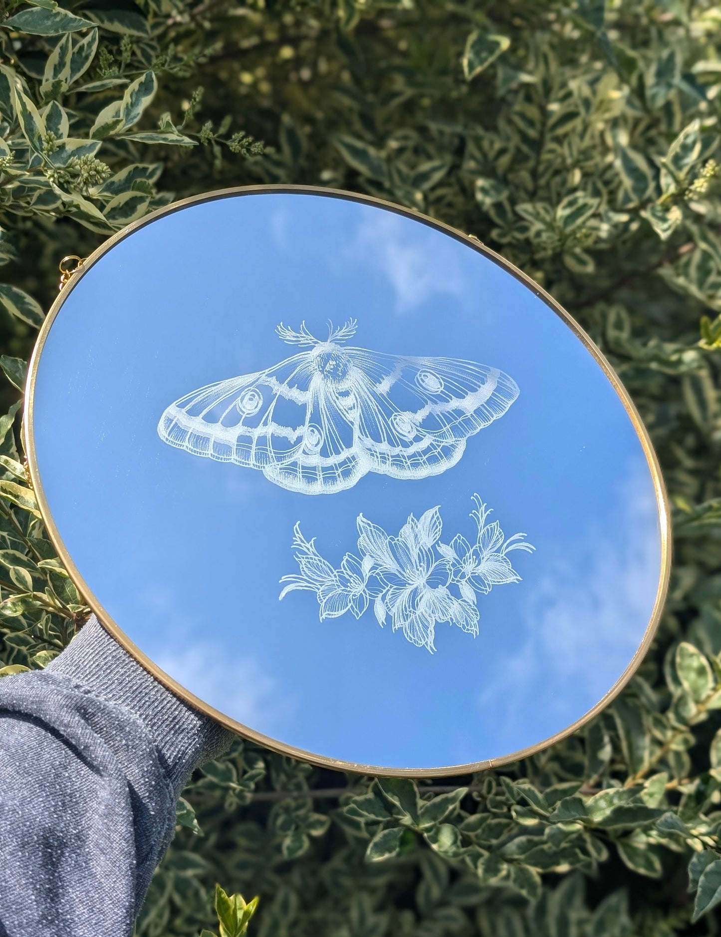 Hand Engraved Moth & Floral Round Gold Mirror