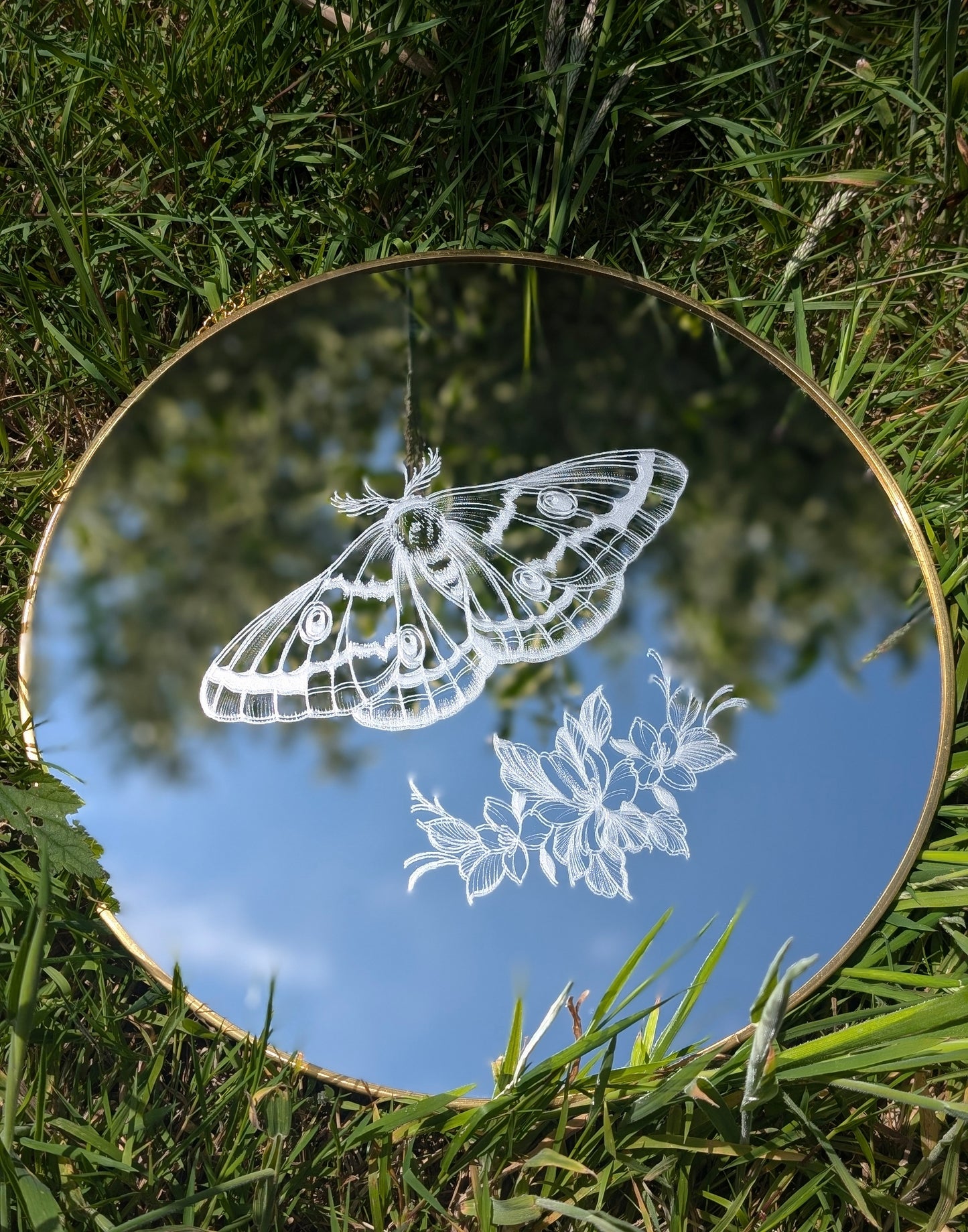 Hand Engraved Moth & Floral Round Gold Mirror