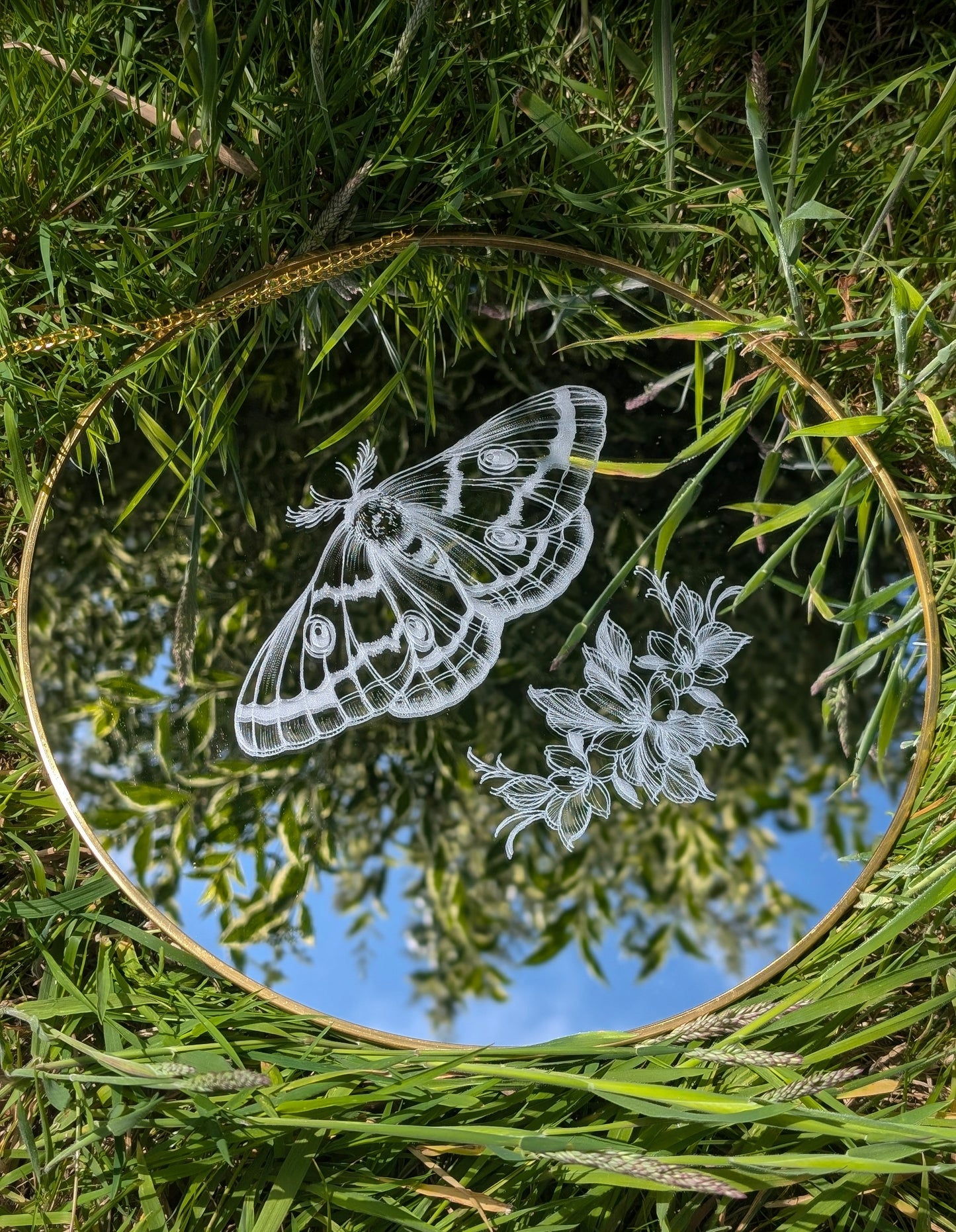 Hand Engraved Moth & Floral Round Gold Mirror