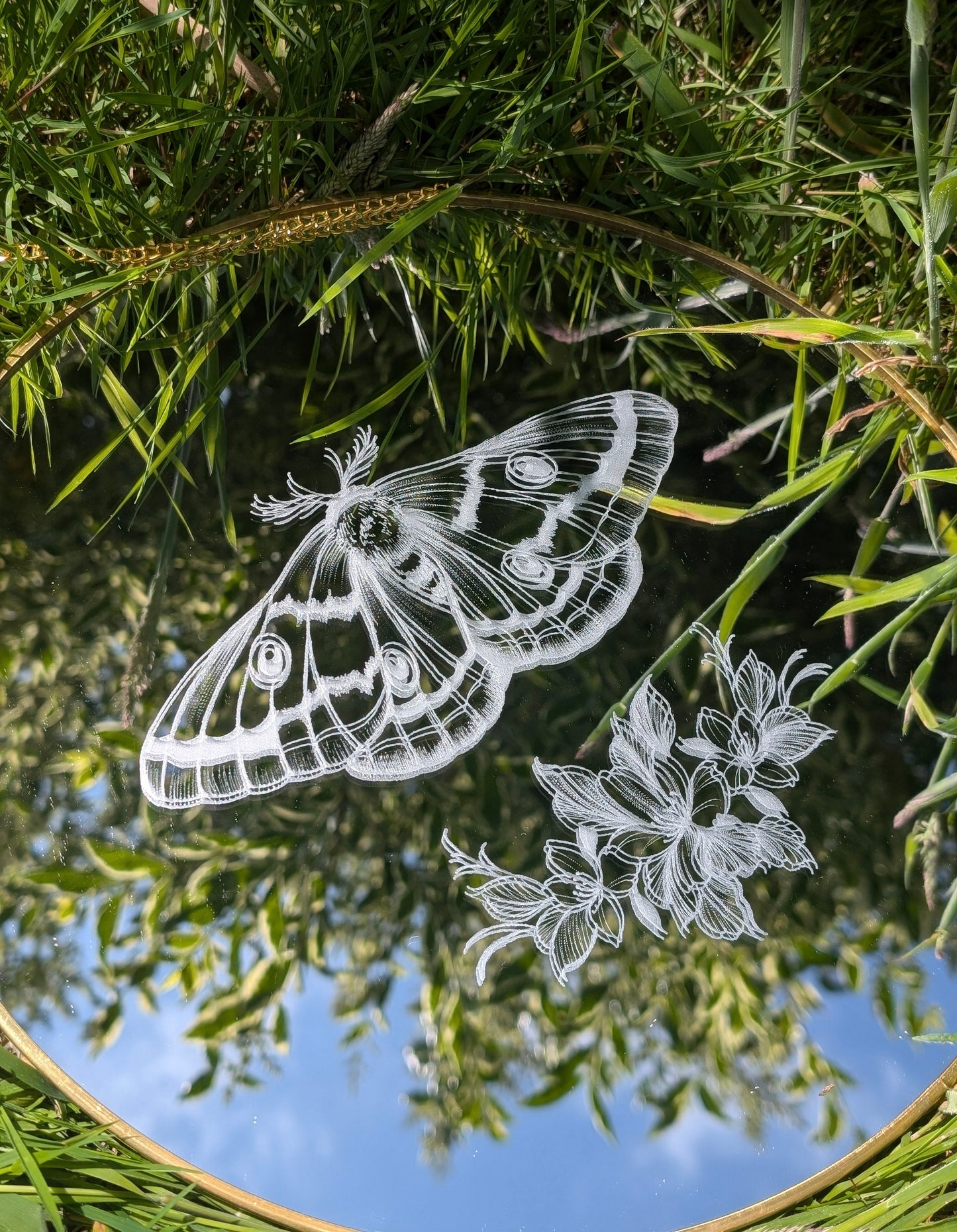 Hand Engraved Moth & Floral Round Gold Mirror