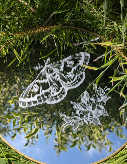 Hand Engraved Moth & Floral Round Gold Mirror