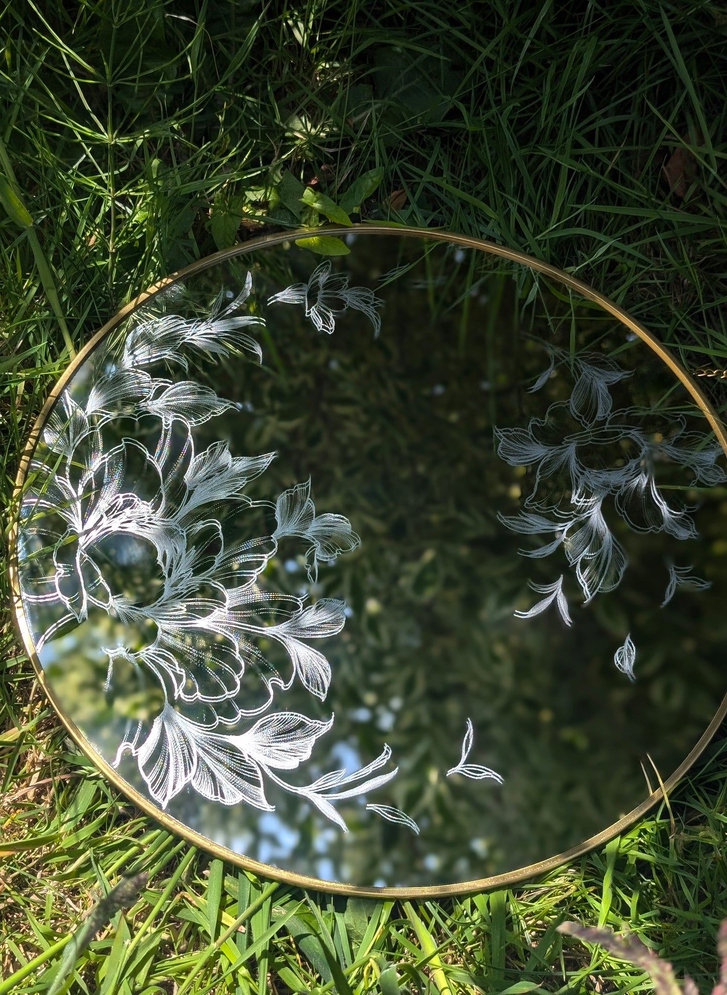 Hand Engraved Floral Round Gold Mirror