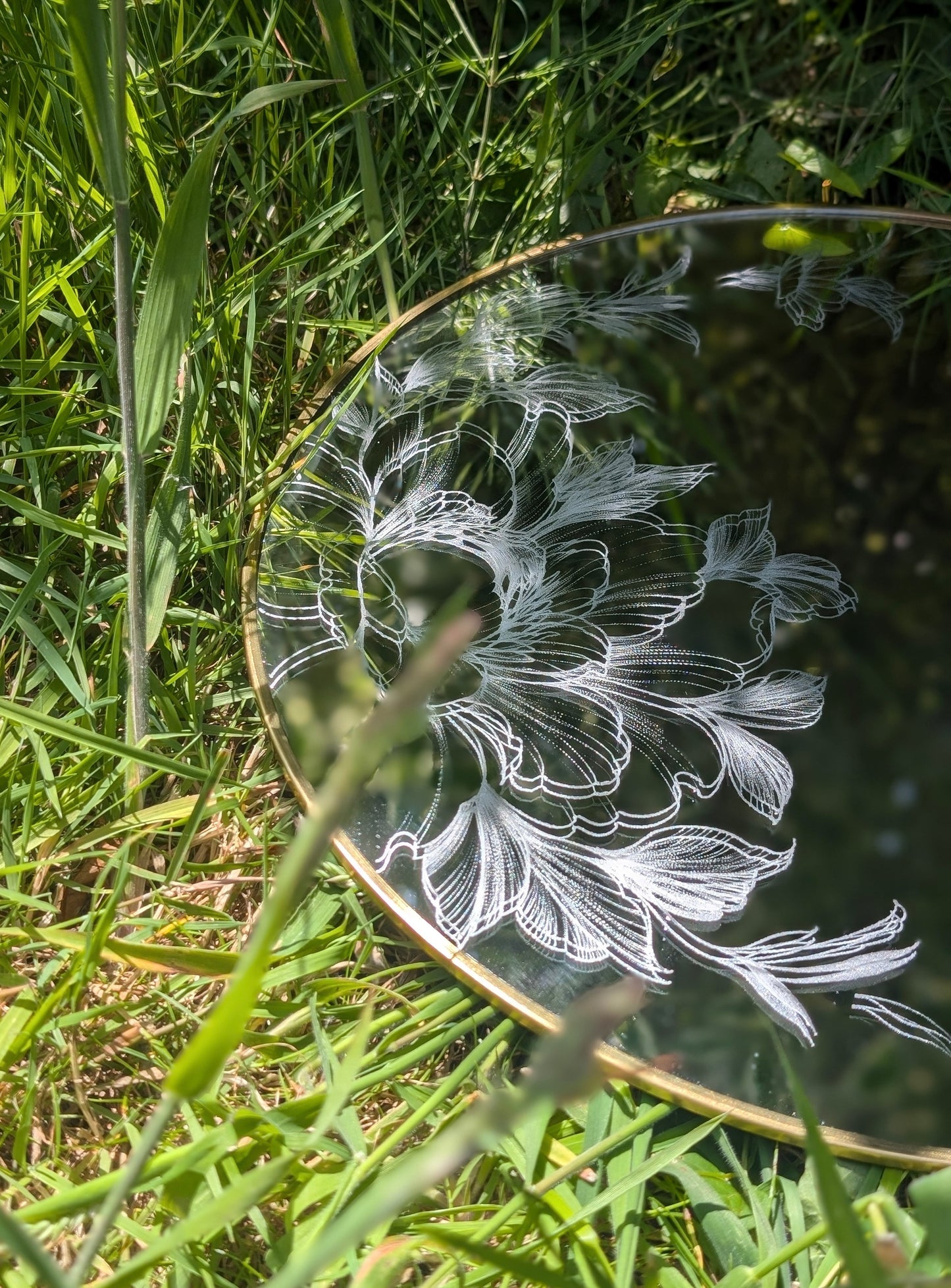 Hand Engraved Floral Round Gold Mirror