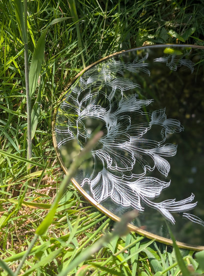 Hand Engraved Floral Round Gold Mirror
