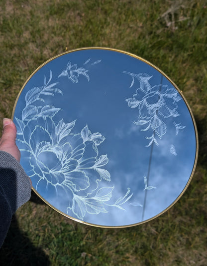 Hand Engraved Floral Round Gold Mirror