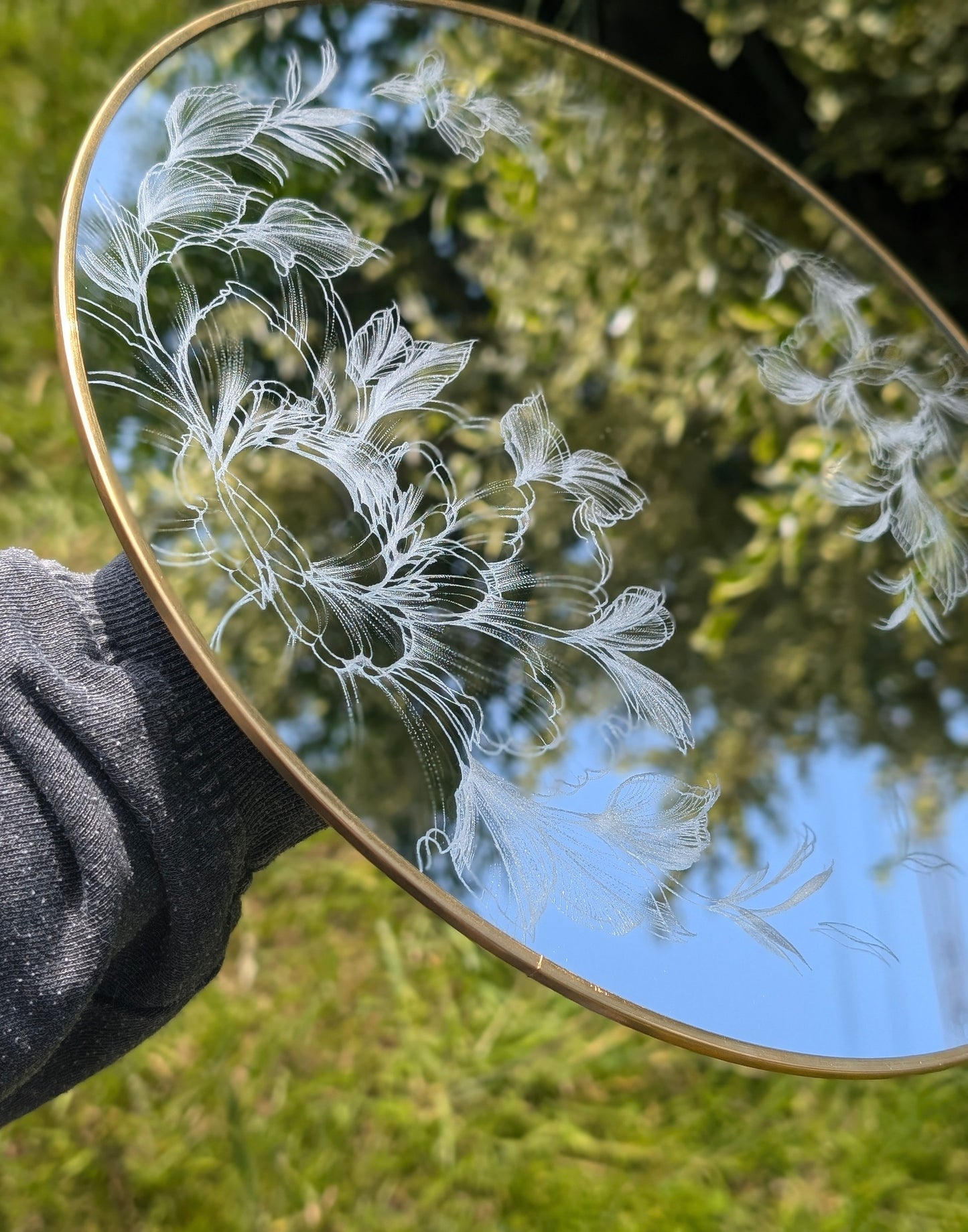 Hand Engraved Floral Round Gold Mirror