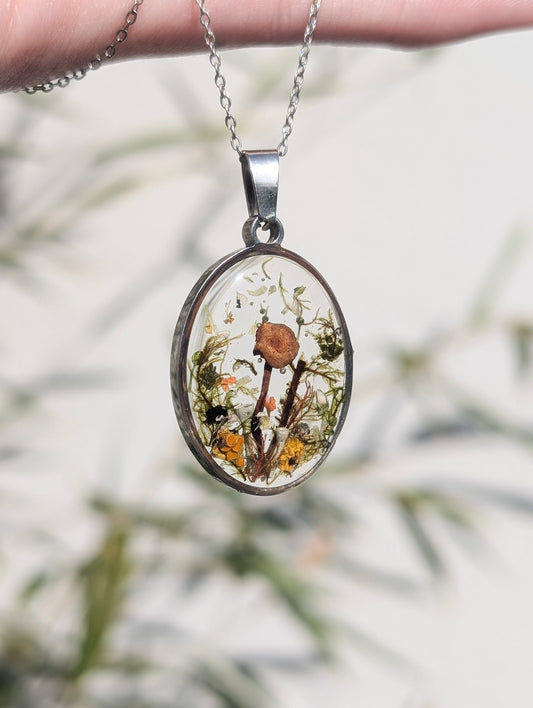 Pixie Forage Pendant - Real Mushroom & Moss Stainless Steel Necklace