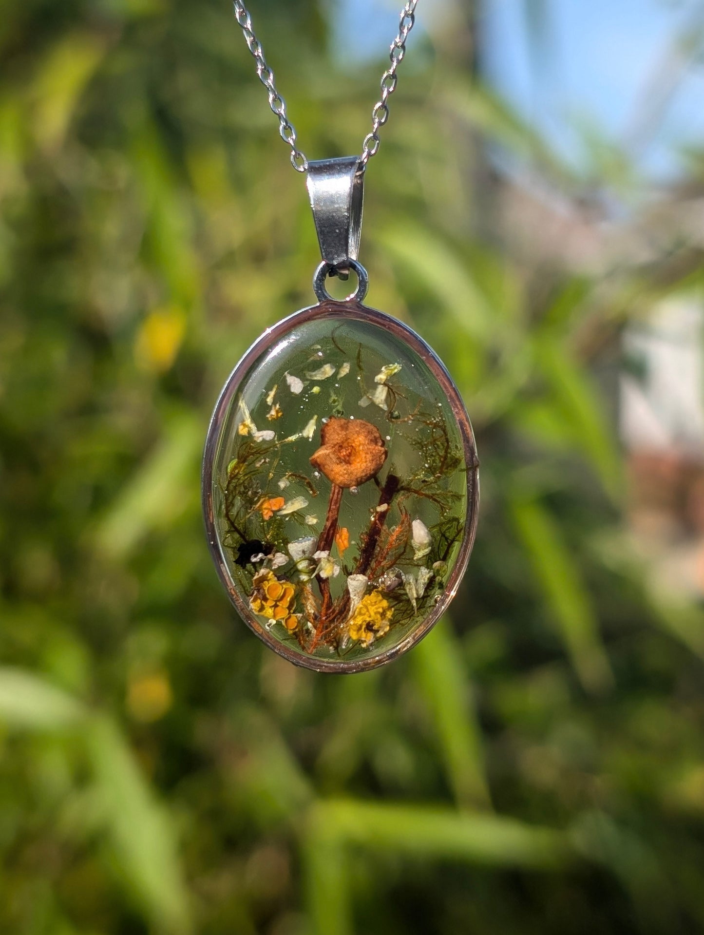 Pixie Forage Pendant - Real Mushroom & Moss Stainless Steel Necklace
