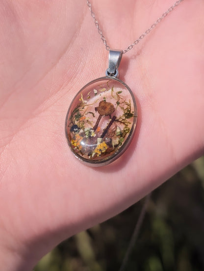 Pixie Forage Pendant - Real Mushroom & Moss Stainless Steel Necklace