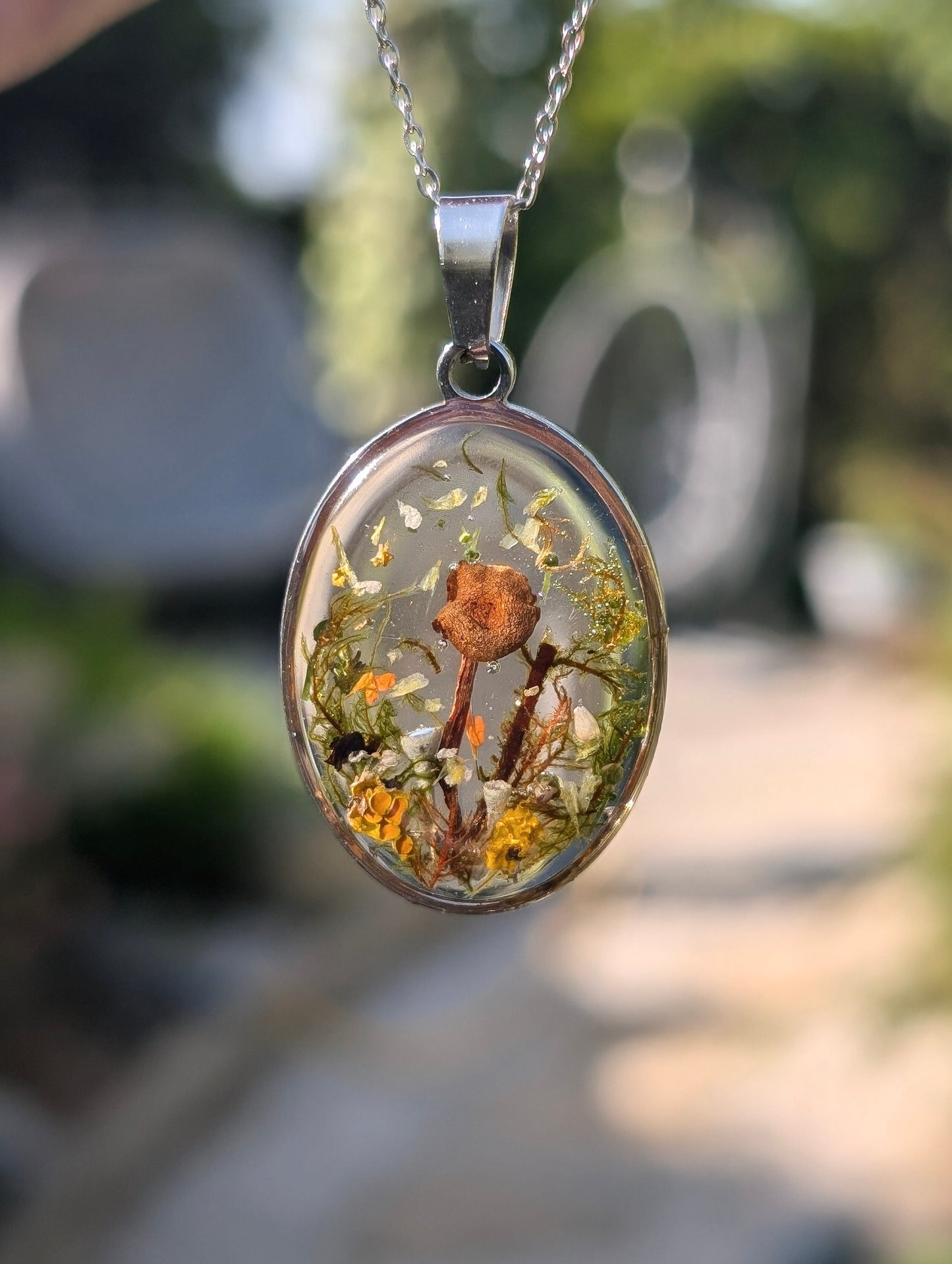 Pixie Forage Pendant - Real Mushroom & Moss Stainless Steel Necklace