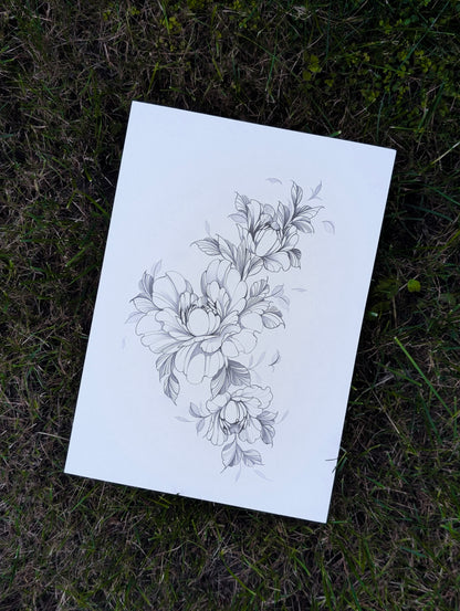 A4 Original Peonies Pencil Drawing