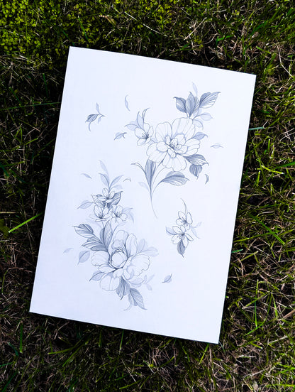 A4 Original Floral Flash Pencil Drawing