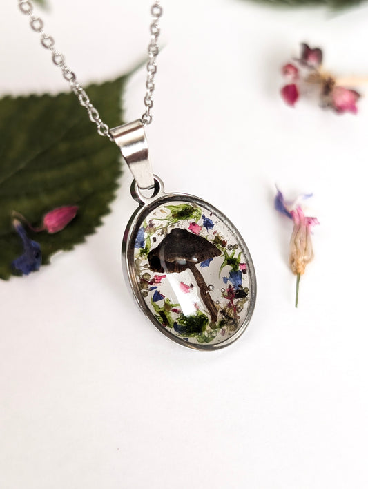 'Nightshade Garden'  Real Mushroom Resin Stainless Steel Necklace