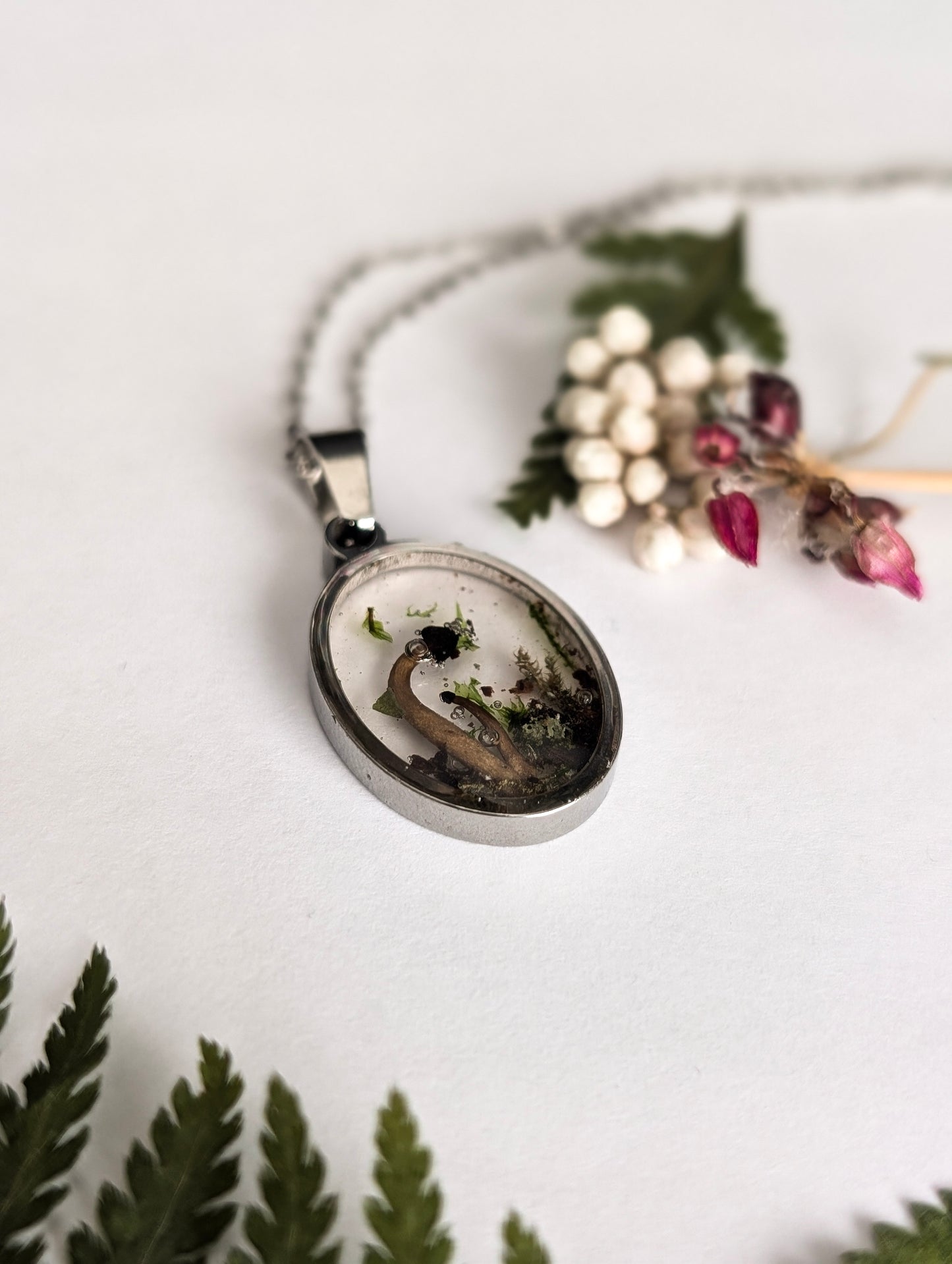 'Shadowroot'  Real Mushroom Resin Stainless Steel Necklace