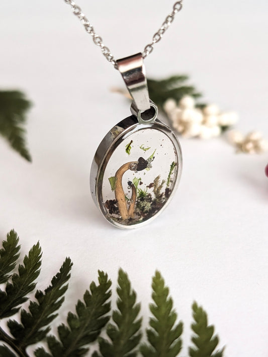 'Shadowroot'  Real Mushroom Resin Stainless Steel Necklace