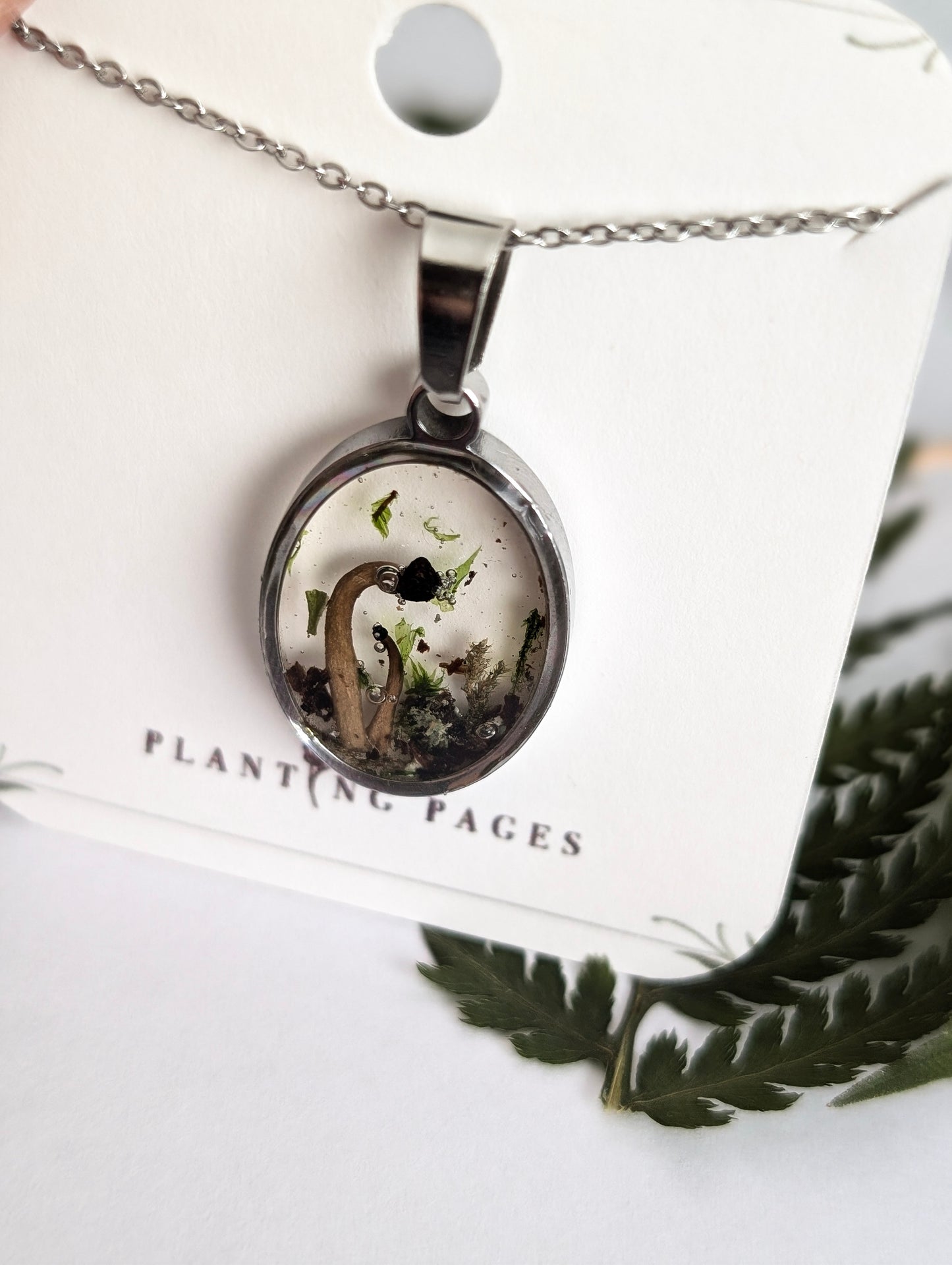 'Shadowroot'  Real Mushroom Resin Stainless Steel Necklace