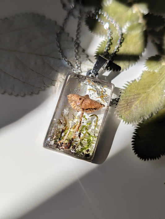'Forestlight'  Real Mushroom Resin Stainless Steel Necklace