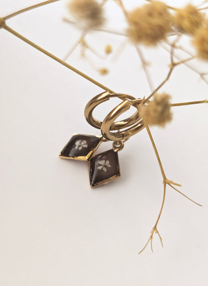 Chocolate Brown Floral  | Gold Plated Stainless Steel Hoop Earrings