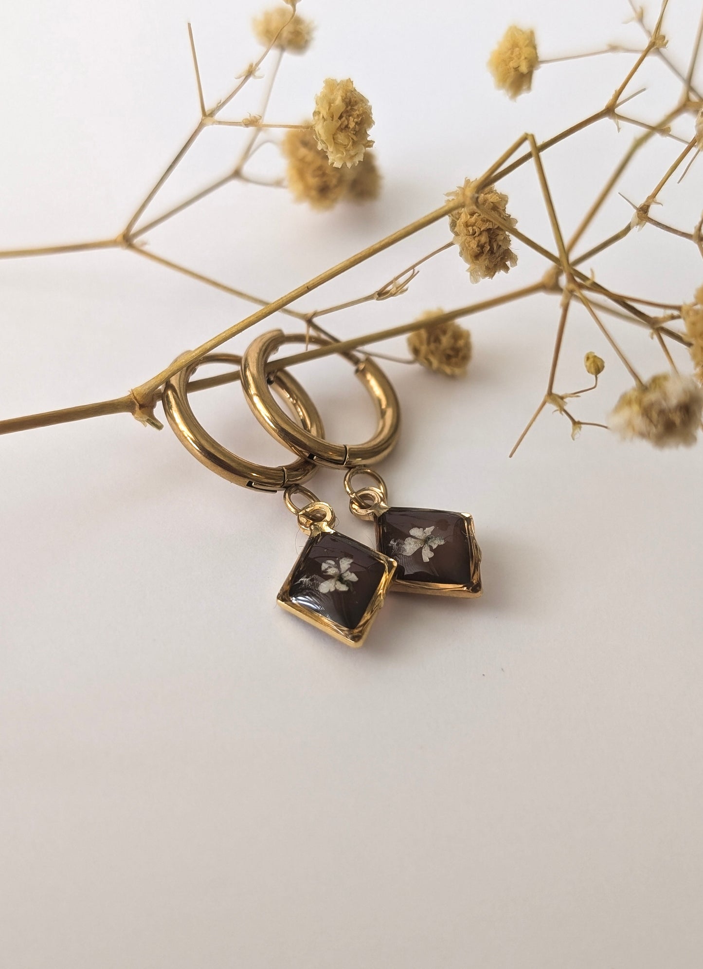 Chocolate Brown Floral  | Gold Plated Stainless Steel Hoop Earrings