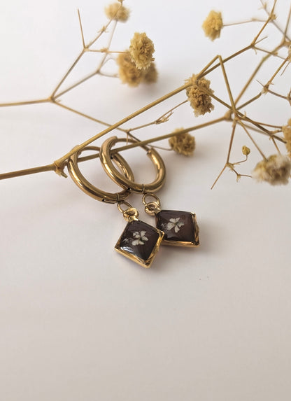 Chocolate Brown Floral  | Gold Plated Stainless Steel Hoop Earrings