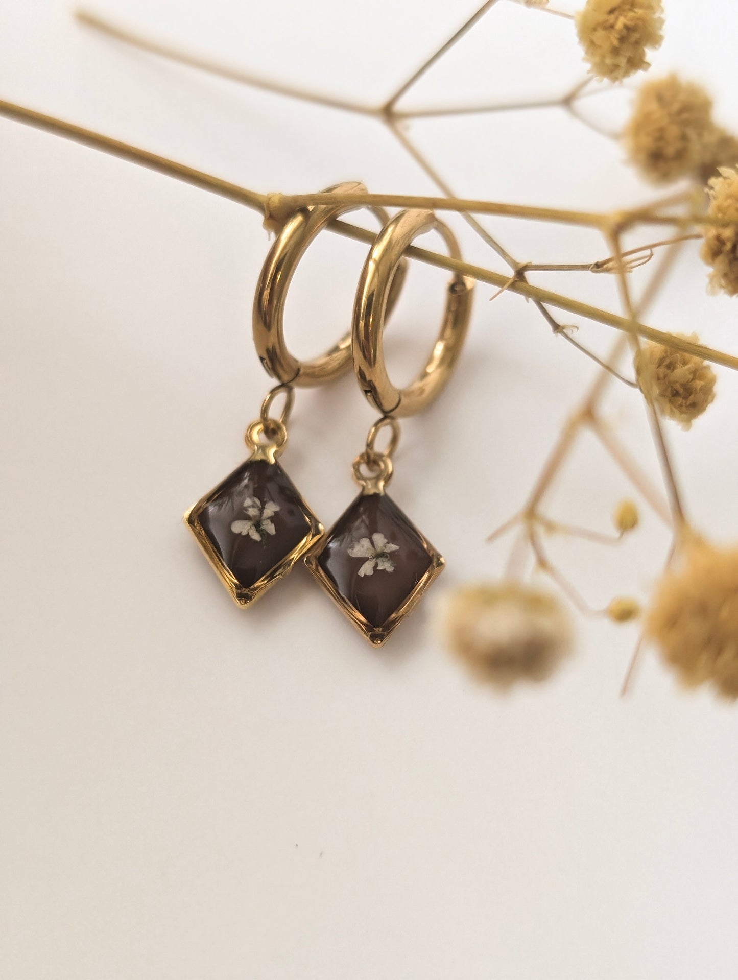 Chocolate Brown Floral  | Gold Plated Stainless Steel Hoop Earrings