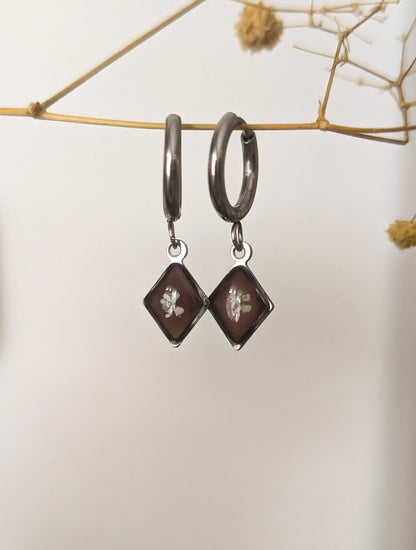 Chocolate Brown Floral  |  Stainless Steel Hoop Earrings