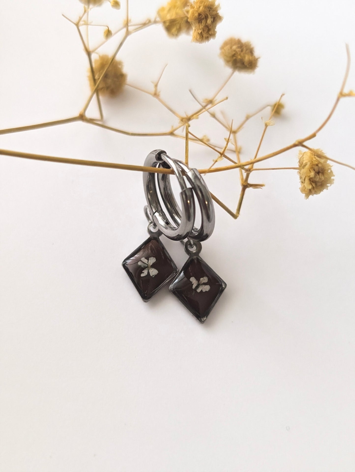 Chocolate Brown Floral  |  Stainless Steel Hoop Earrings