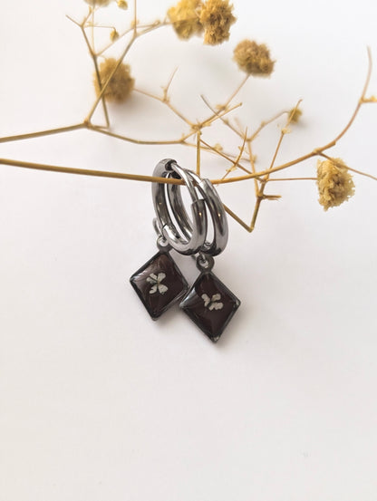 Chocolate Brown Floral  |  Stainless Steel Hoop Earrings