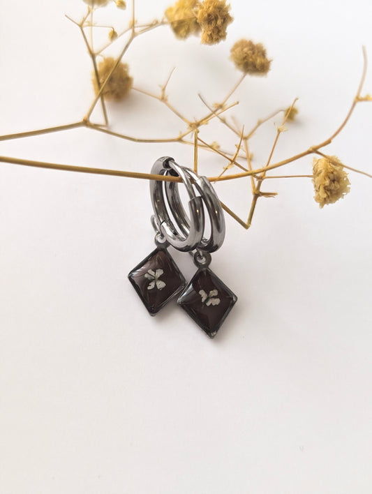 Chocolate Brown Floral  |  Stainless Steel Hoop Earrings