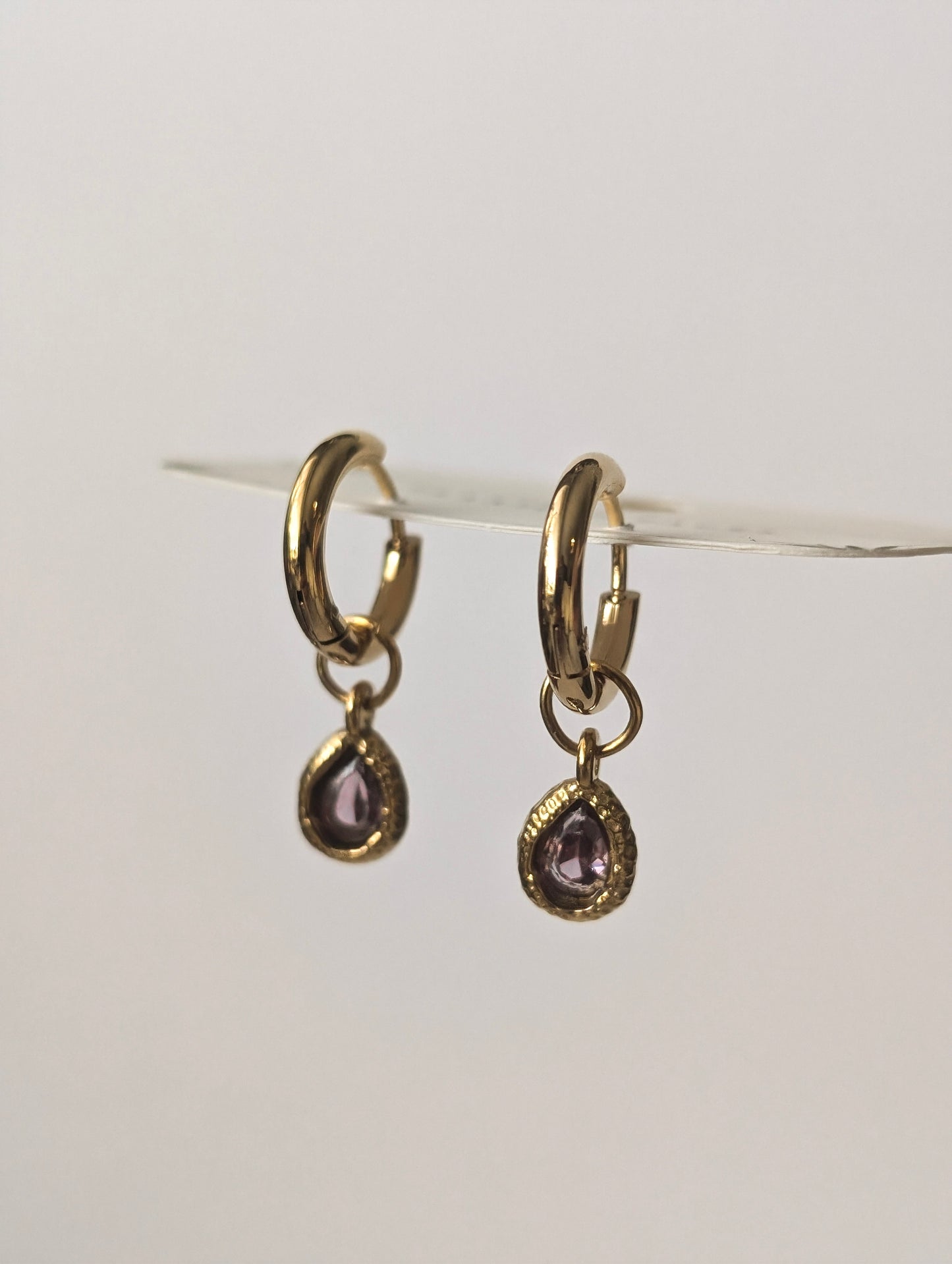 Violet Crystal Teardrop Gold Hoop Earrings