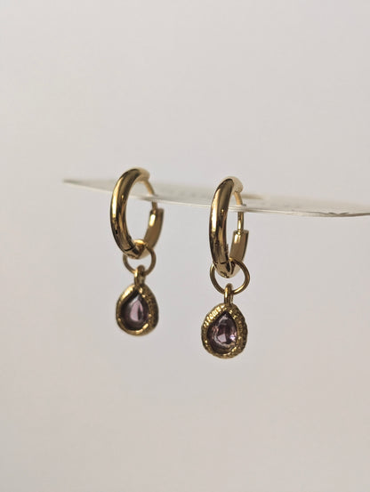 Violet Crystal Teardrop Gold Hoop Earrings
