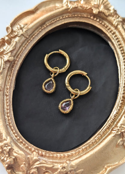 Violet Crystal Teardrop Gold Hoop Earrings