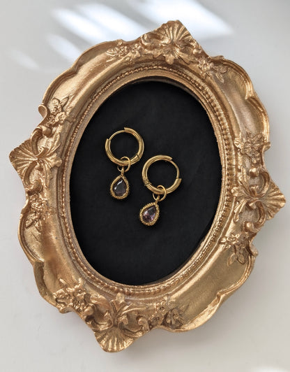 Violet Crystal Teardrop Gold Hoop Earrings