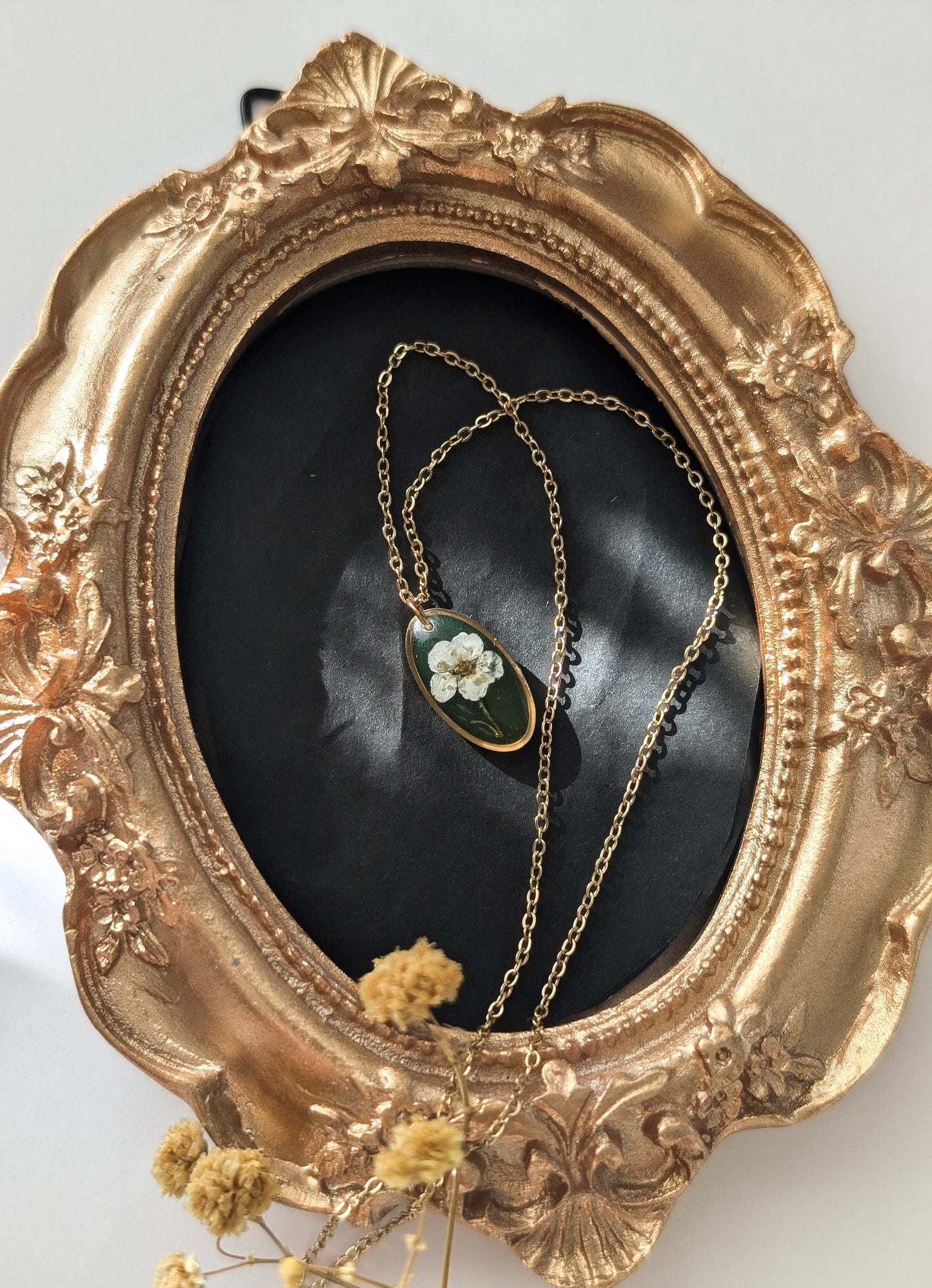 Green & White Floral | Delicate Oval Stainless Steel Necklace