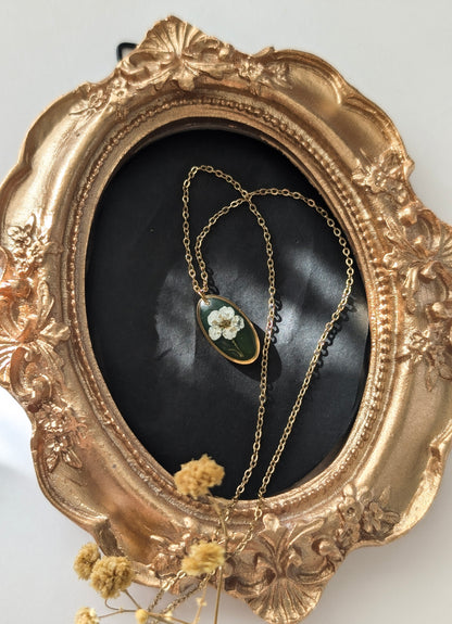 Green & White Floral | Delicate Oval Stainless Steel Necklace