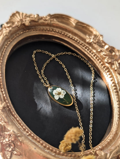 Green & White Floral | Delicate Oval Stainless Steel Necklace