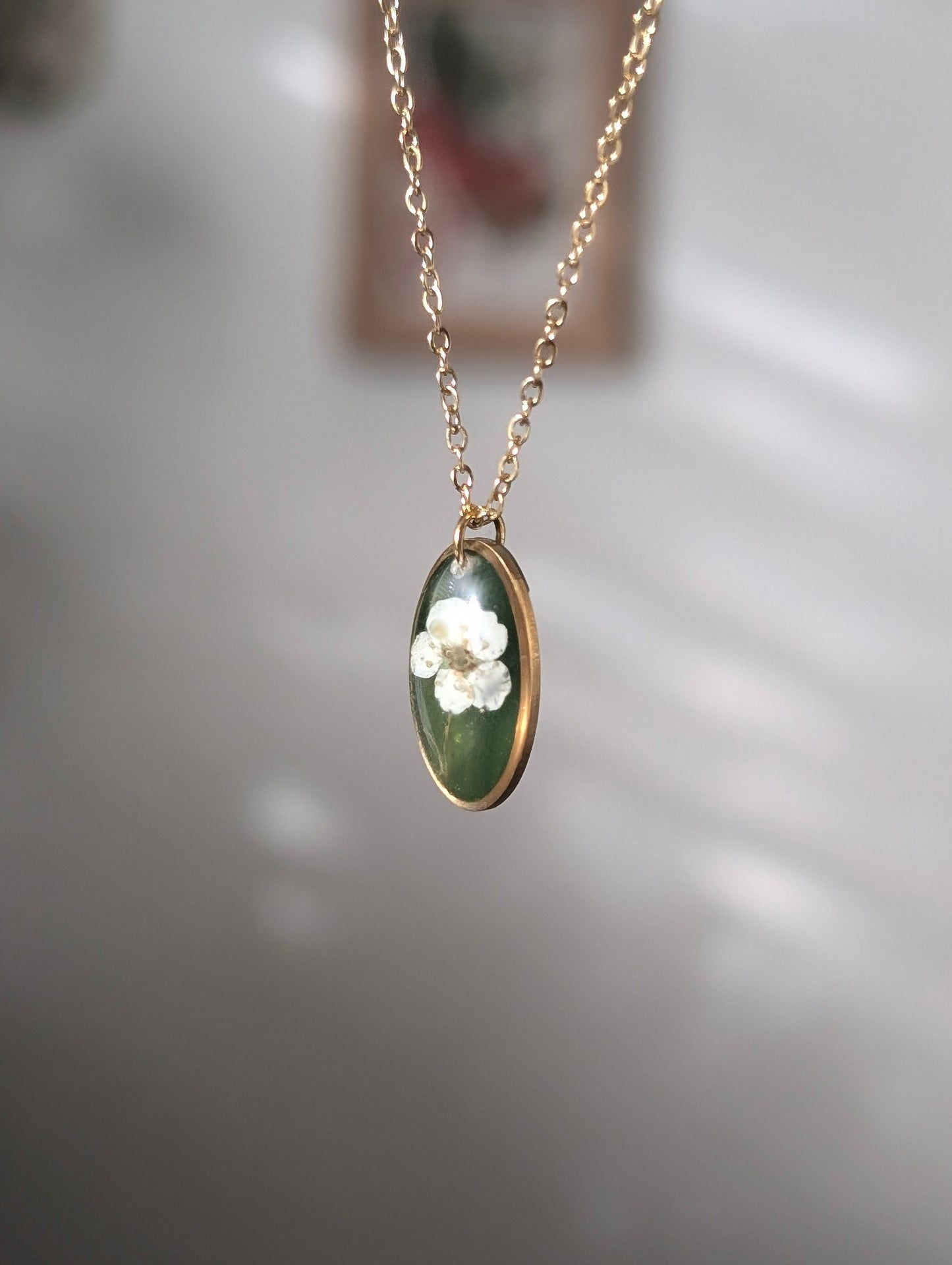 Green & White Floral | Delicate Oval Stainless Steel Necklace