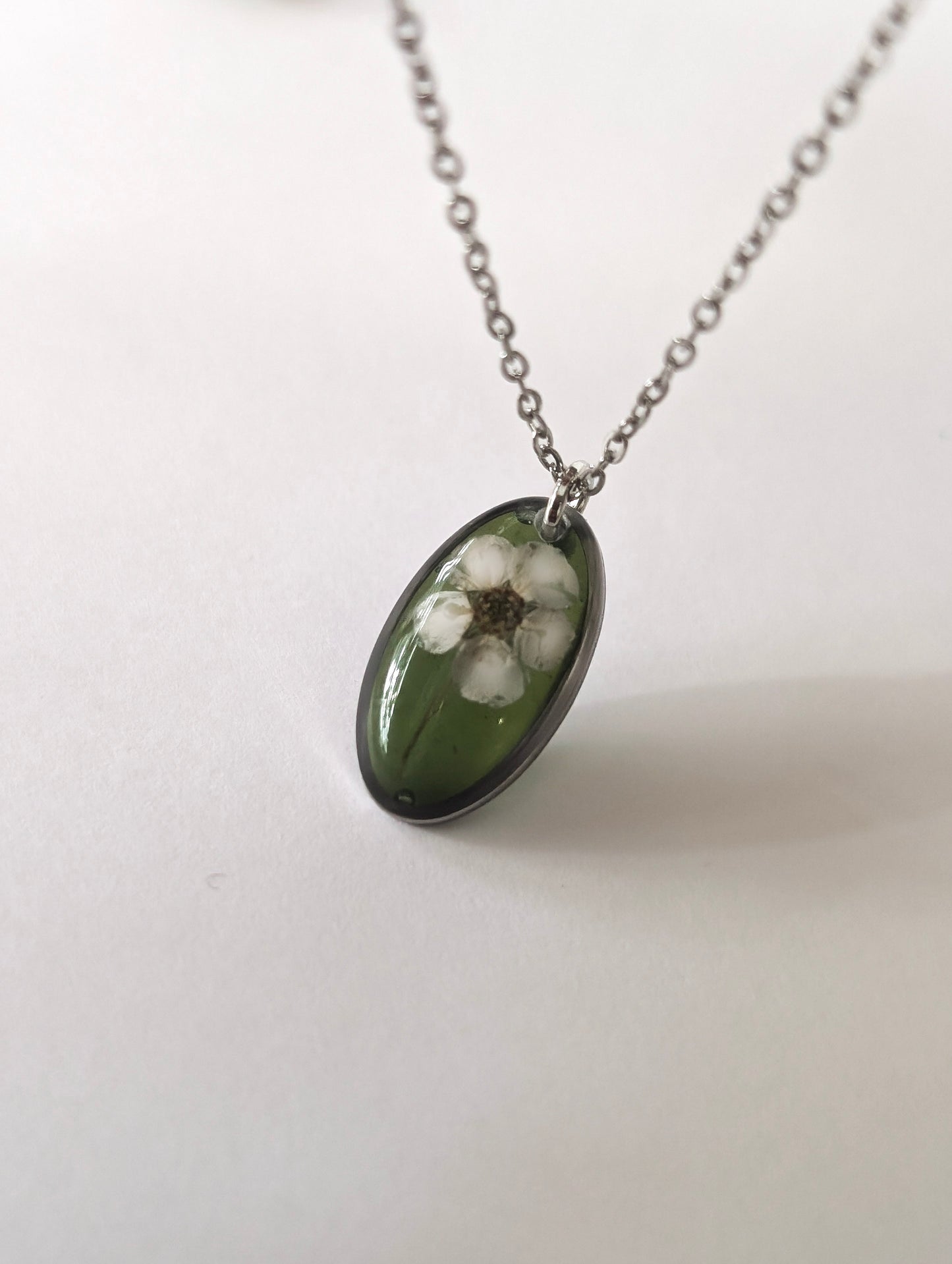 Green & White Floral | Delicate Oval Stainless Steel Necklace