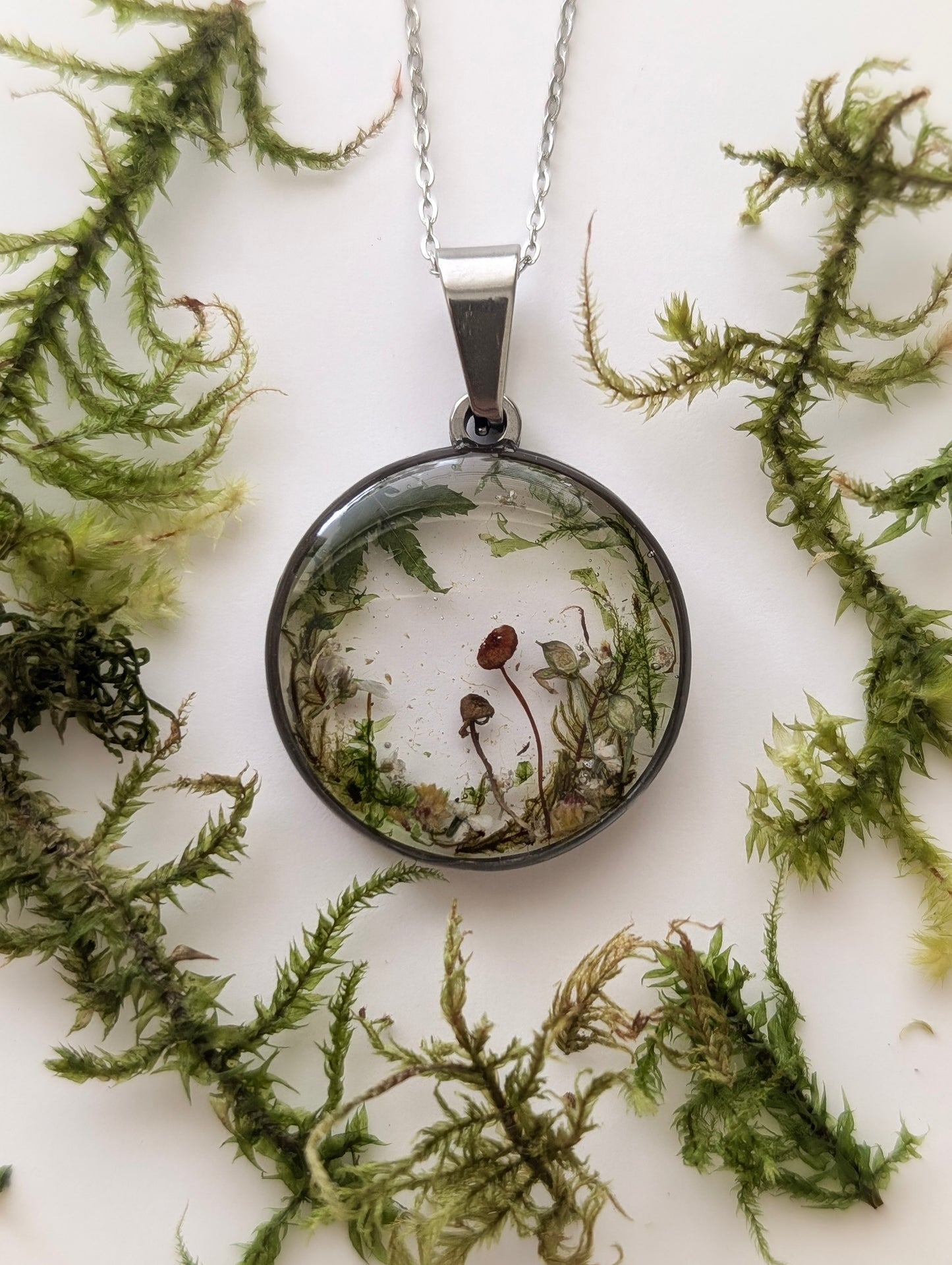 'Evergreen Dream'  Real Mushroom & Moss Stainless Steel Necklace