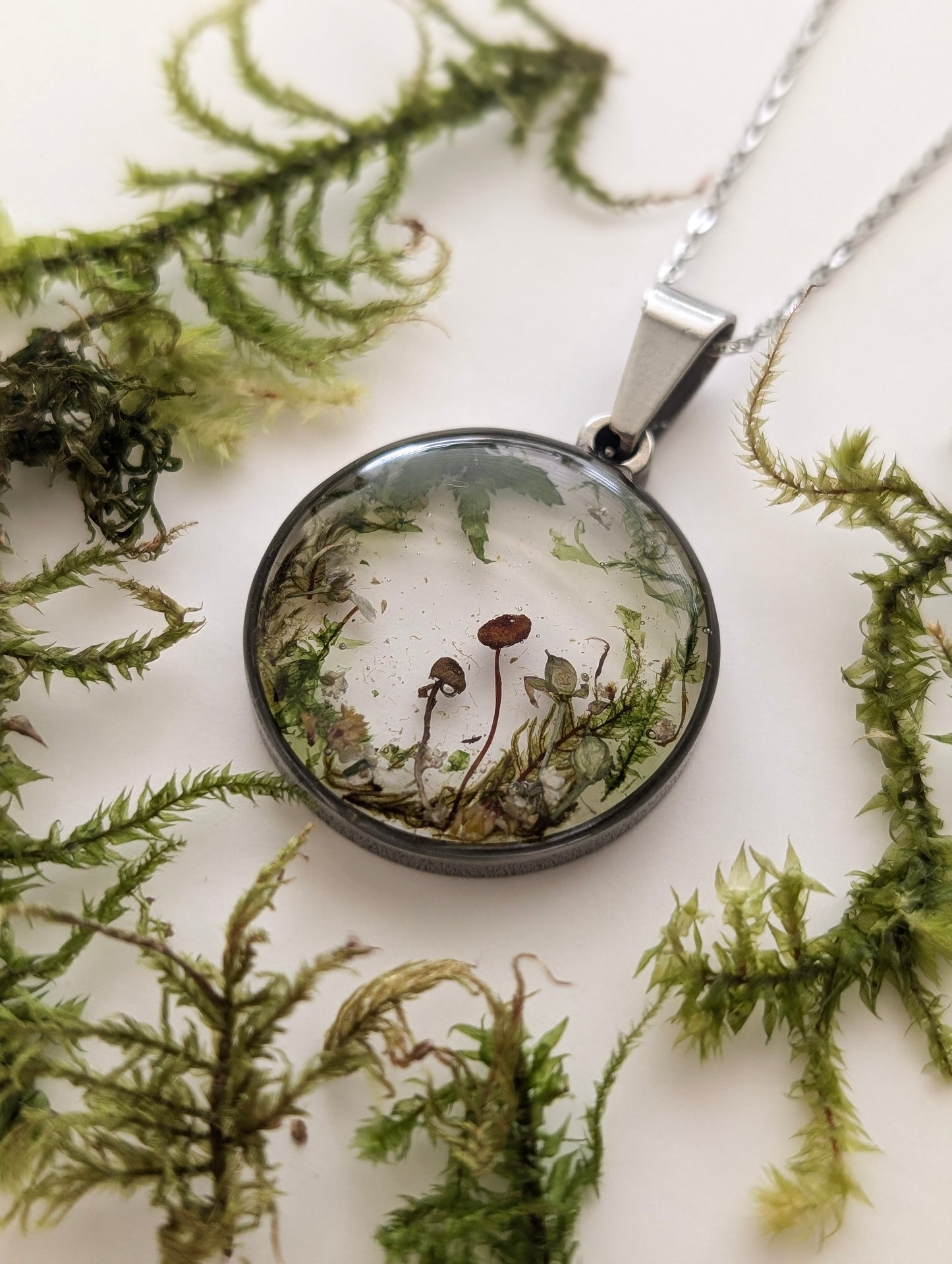 'Evergreen Dream'  Real Mushroom & Moss Stainless Steel Necklace