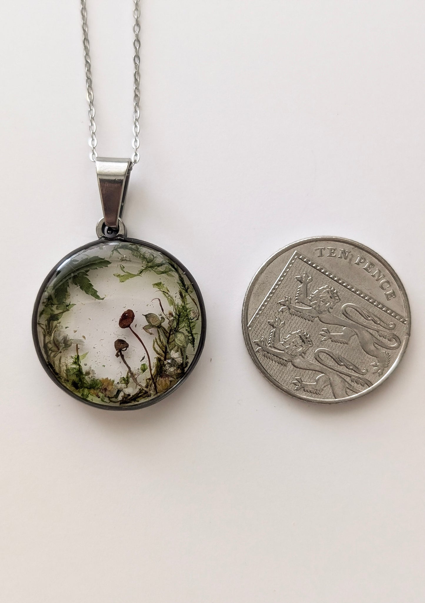 'Evergreen Dream'  Real Mushroom & Moss Stainless Steel Necklace