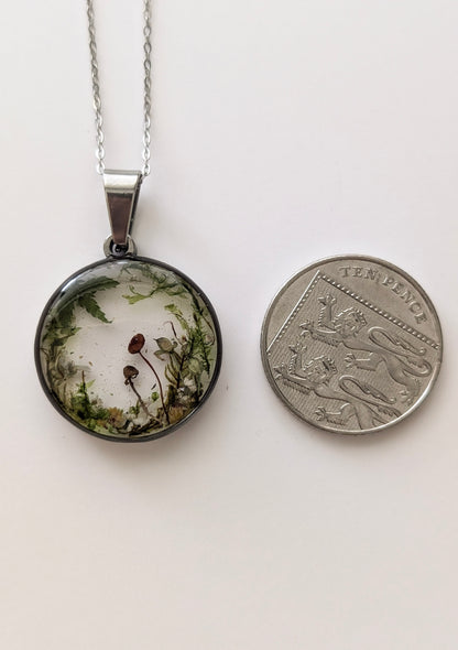 'Evergreen Dream'  Real Mushroom & Moss Stainless Steel Necklace